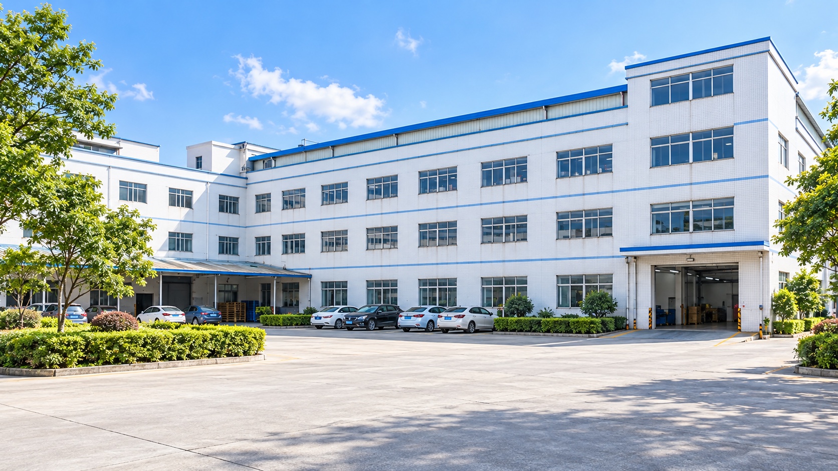 Vista conceptual del exterior de una planta de fabricación TINCUBE en Dongguan