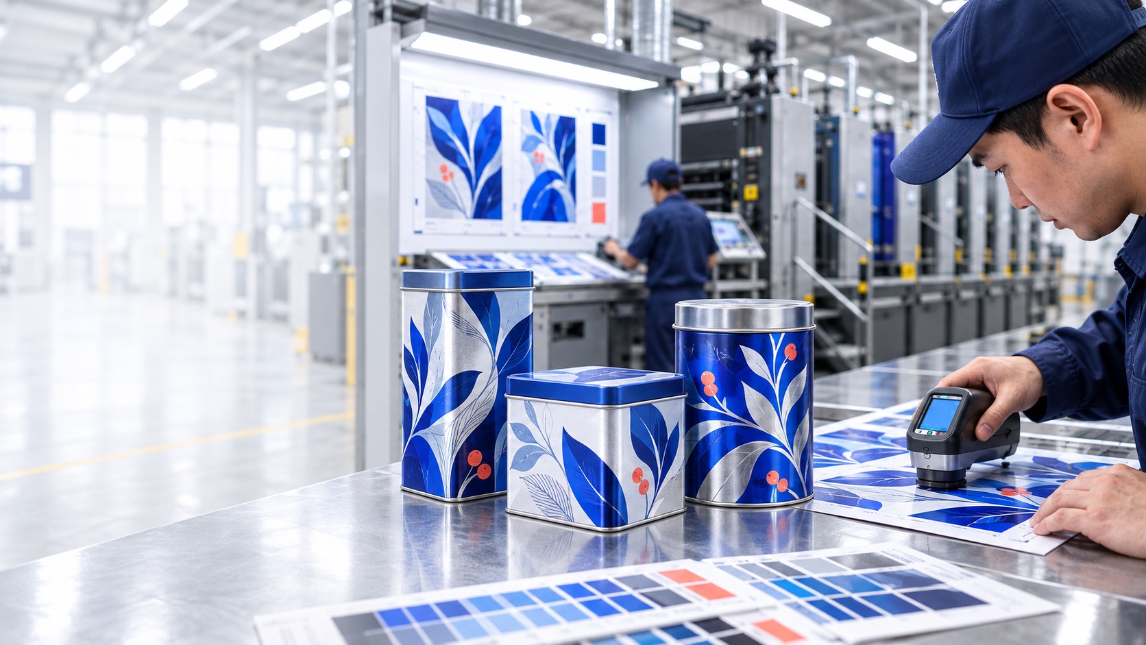 Representación visual del control de color, pruebas impresas y latas personalizadas dentro de una planta de fabricación